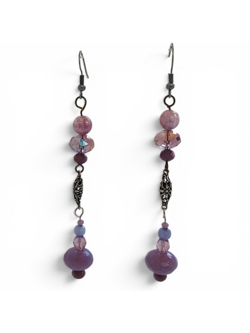 Slender Purple crystal Beaded Dangle Earrings long silver colorful coquette vibe